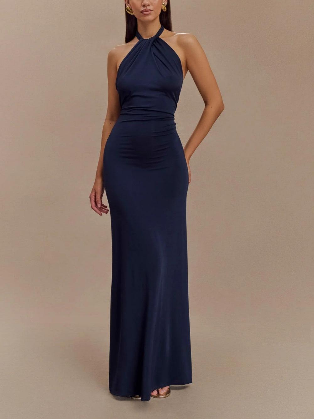 Women's Backless Ruched Maxi Dress – Flowing Evening Style