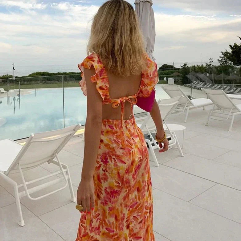 Women's Backless Ruffle Maxi Summer Dress with V-Neck