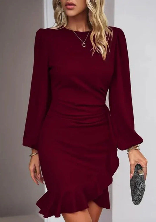Women’s Balloon-Sleeve Mini Dress with Gathered Bodice and Ruffle Hem