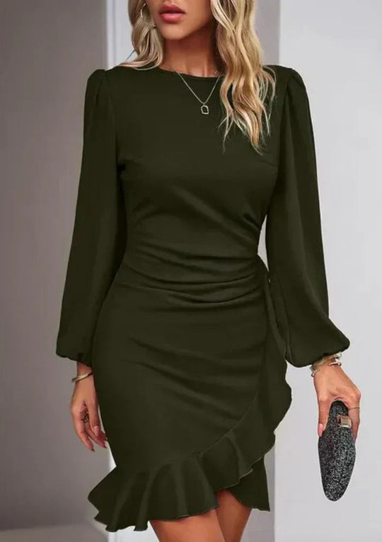 Women’s Balloon-Sleeve Mini Dress with Gathered Bodice and Ruffle Hem