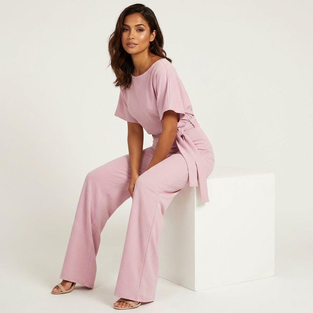 Women’s Belted Jumpsuit – Flowing Short-Sleeve Style, S–3XL