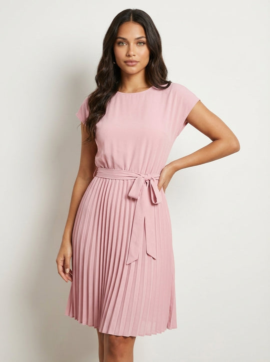 Women’s Belted Pleated Midi Dress – Elegant Flowing Style