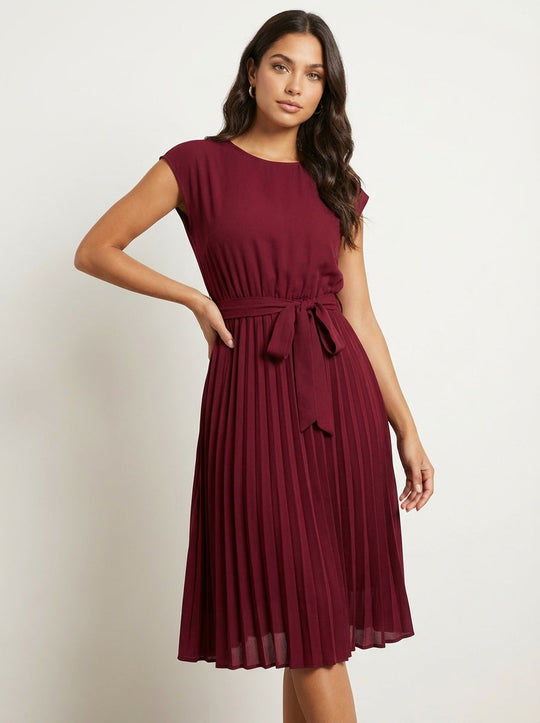 Women’s Belted Pleated Midi Dress – Elegant Flowing Style