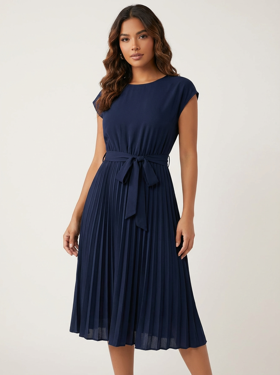 Women’s Belted Pleated Midi Dress – Elegant Flowing Style