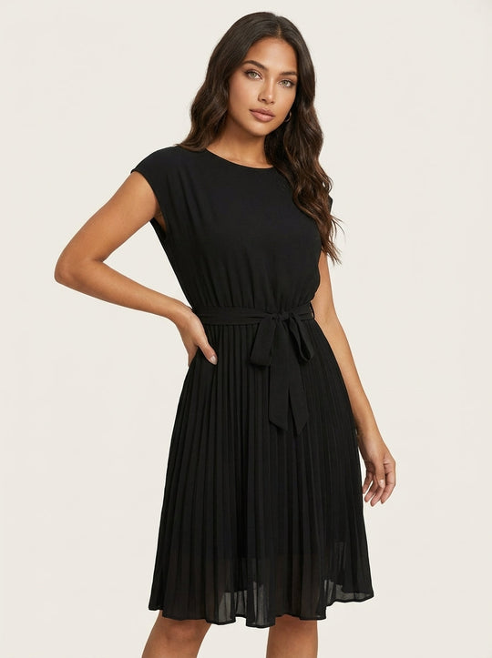 Women’s Belted Pleated Midi Dress – Elegant Flowing Style