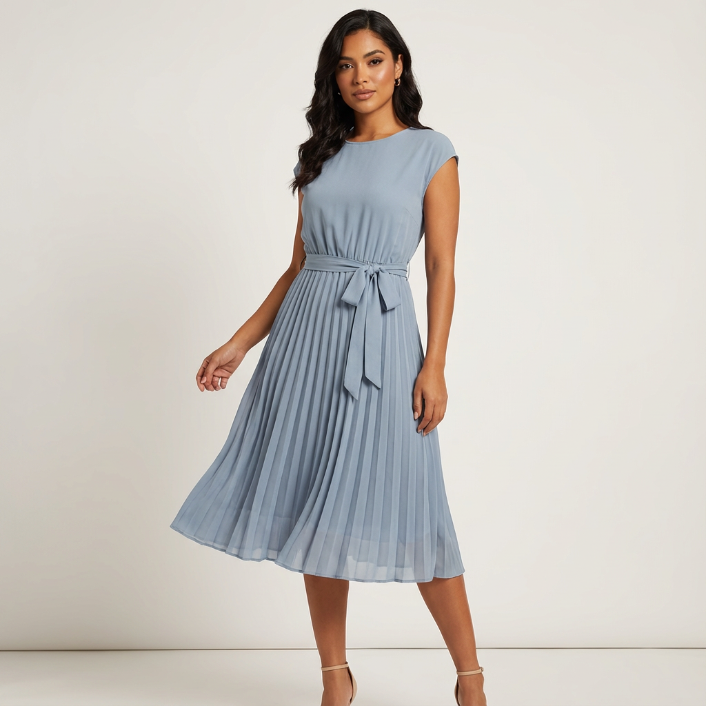 Women’s Belted Pleated Midi Dress – Elegant Flowing Style