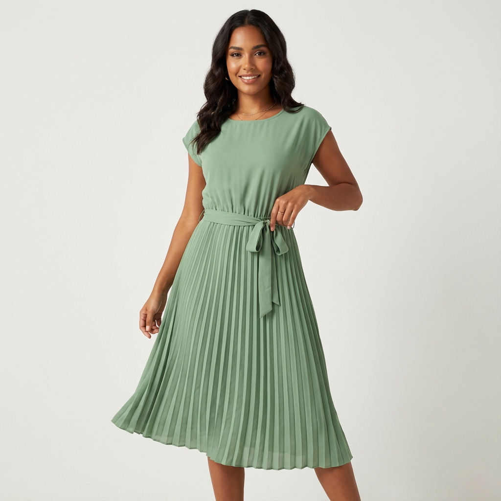 Women’s Belted Pleated Midi Dress – Elegant Flowing Style