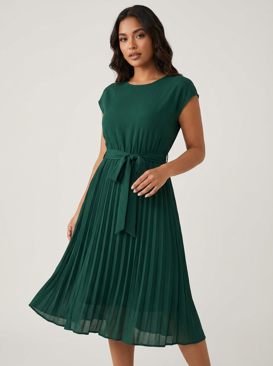 Women’s Belted Pleated Midi Dress – Elegant Flowing Style