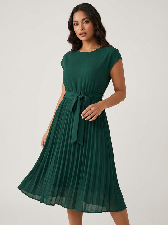 Women’s Belted Pleated Midi Dress – Elegant Flowing Style