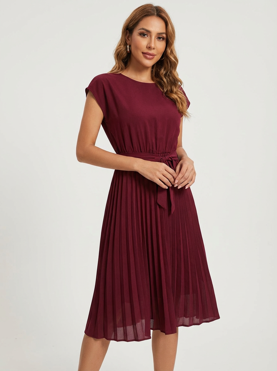 Women’s Belted Pleated Midi Dress – Elegant Flowing Style