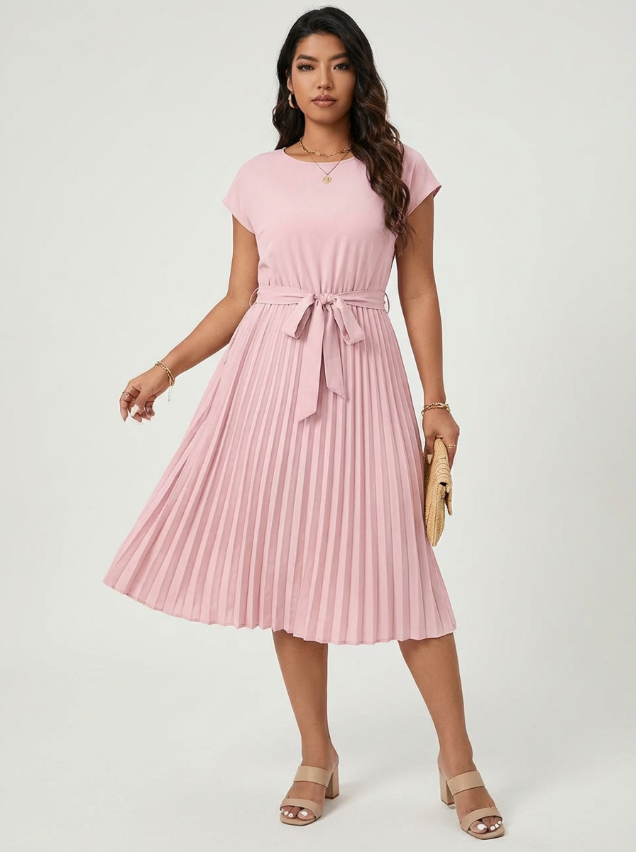 Women’s Belted Pleated Midi Dress – Elegant Flowing Style