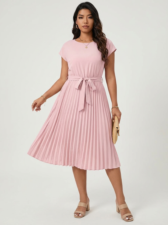 Women’s Belted Pleated Midi Dress – Elegant Flowing Style