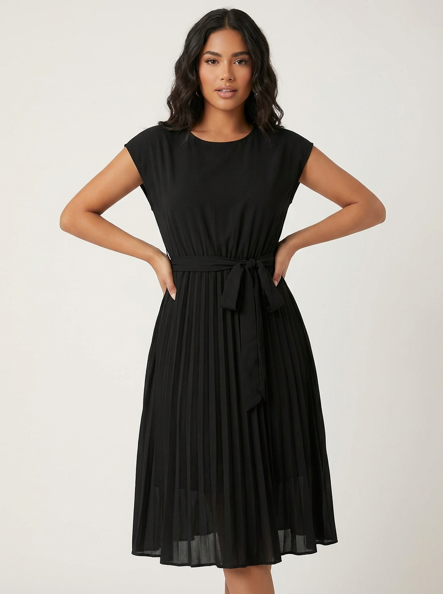 Women’s Belted Pleated Midi Dress – Elegant Flowing Style