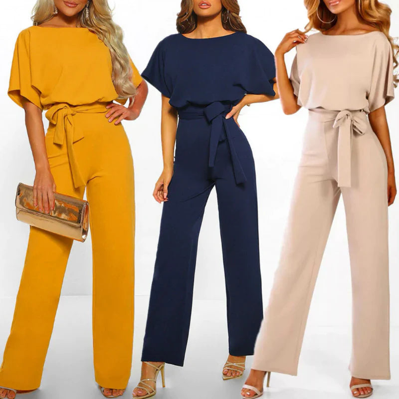 Women's Belted Wide-Leg Jumpsuit – Boat Neck and Short Sleeves