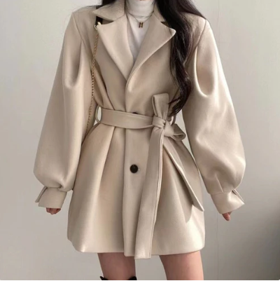 Women's Belted Wool-Blend Coat – Modern Puff-Sleeve Winter Style