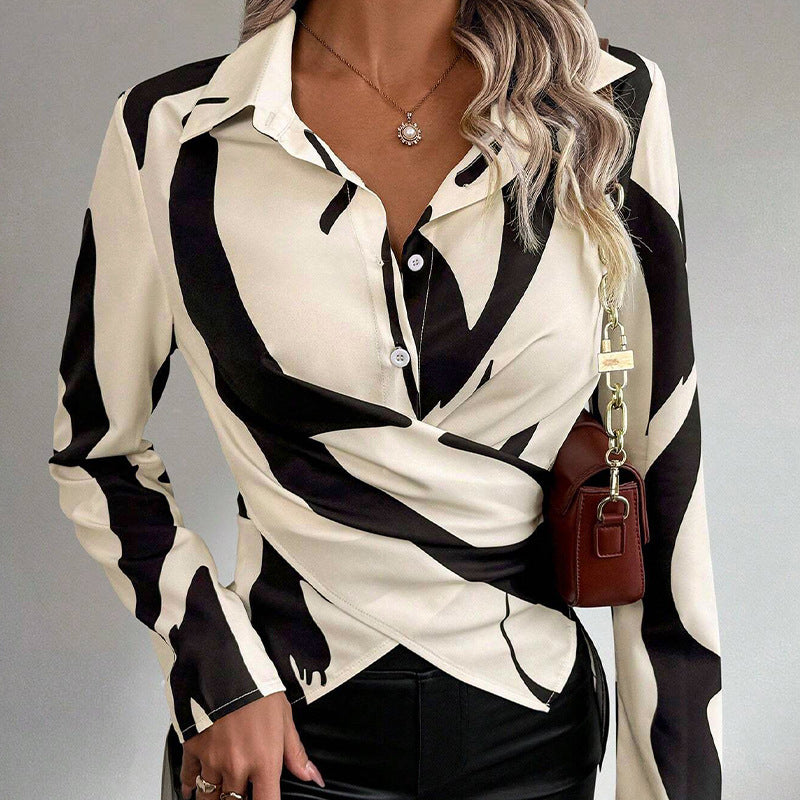 Women's Black and White V-Neck Blouse with Cross-Lace Detail