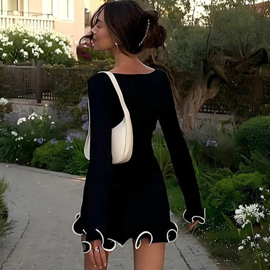 Women’s Black Boat-Neck Mini Dress with Ruffle Hem