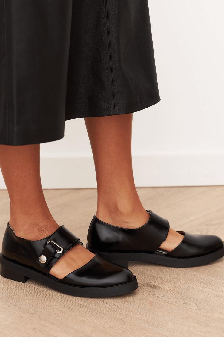 Women's Black Glossy Buckle Loafers, Sizes 35–42
