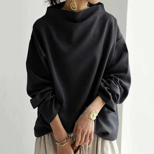 Women’s Black High-Neck Sweater – Soft Relaxed Long-Sleeve Knit