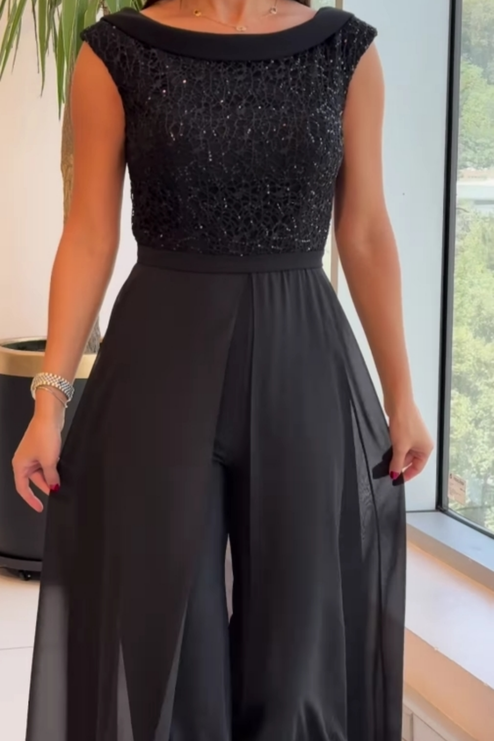 Women's Black Tulle Evening Jumpsuit – Sequin Top and Wide Legs