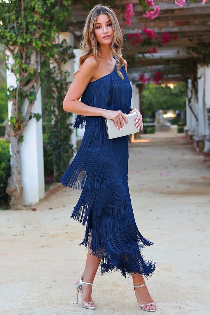 Women's Blue One-Shoulder Tiered Fringe Maxi Dress