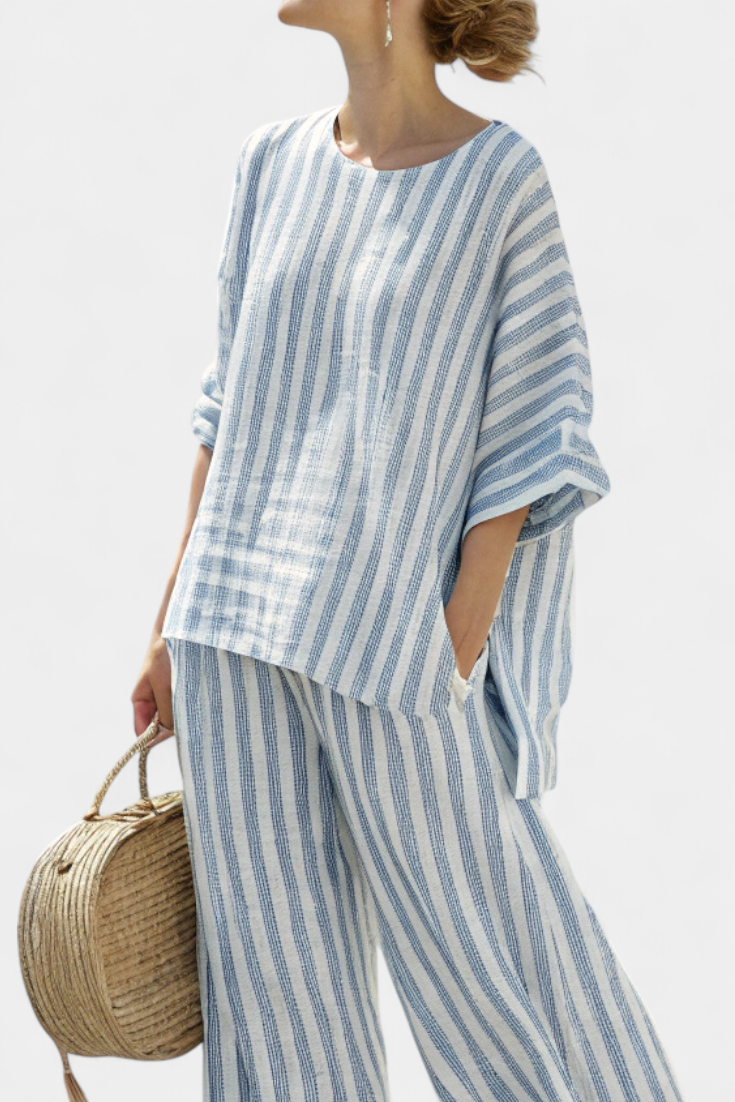Women's Blue Striped Linen Set – Lightweight Top and Wide-Leg Trousers