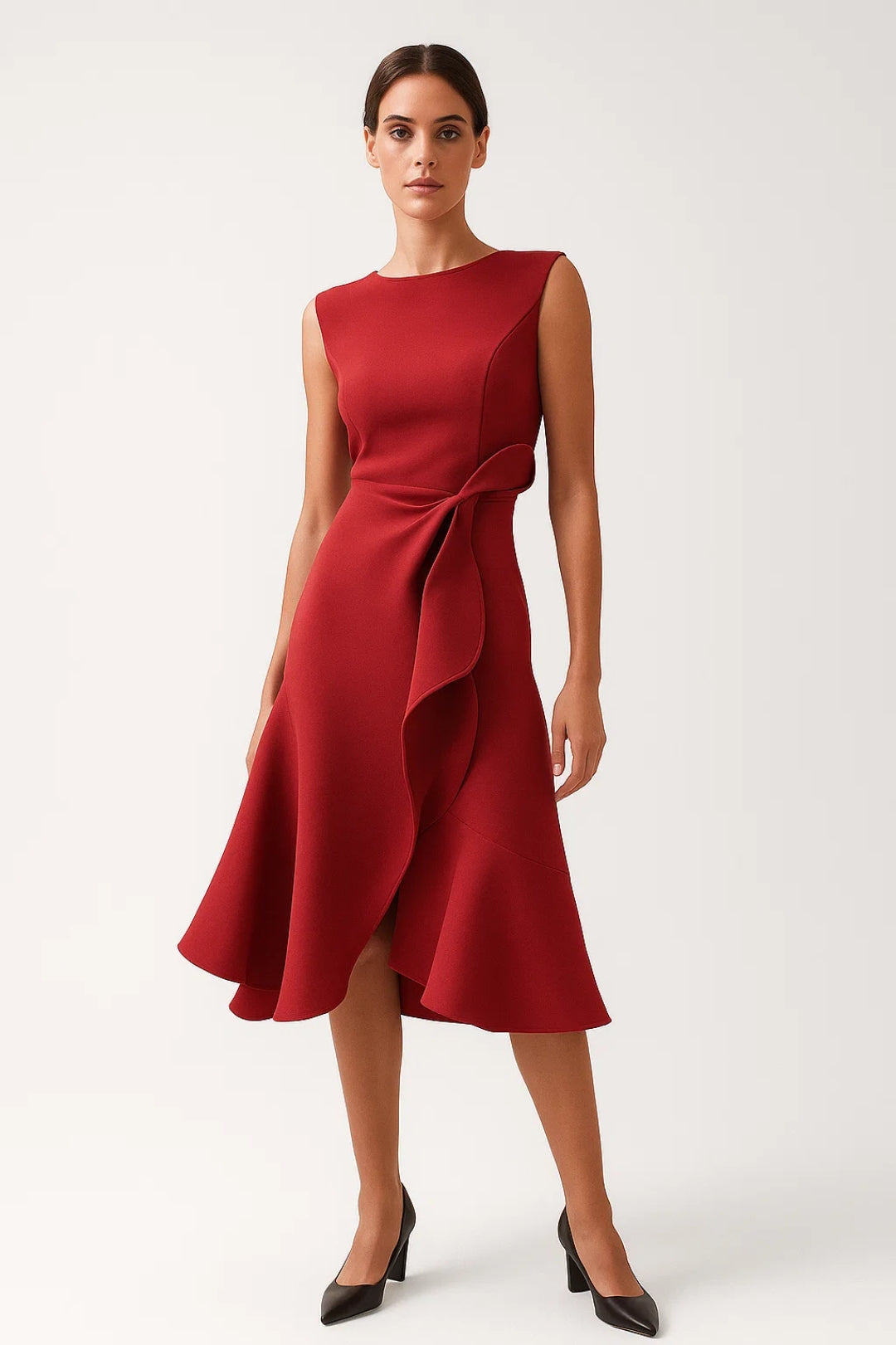 Women’s Boat-Neck Wrap Midi Dress with Side Ruffle