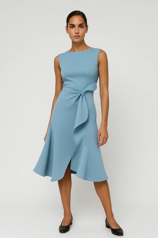 Women’s Boat-Neck Wrap Midi Dress with Side Ruffle