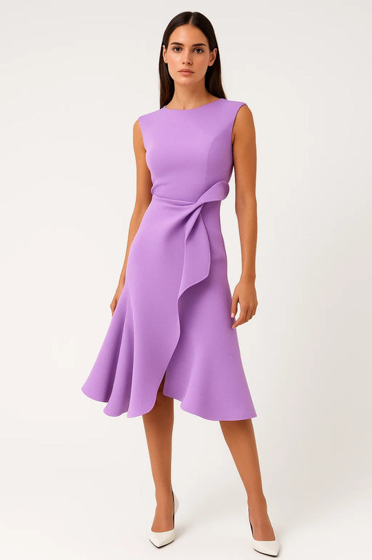 Women’s Boat-Neck Wrap Midi Dress with Side Ruffle