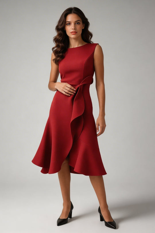 Women’s Boat-Neck Wrap Midi Dress with Side Ruffle