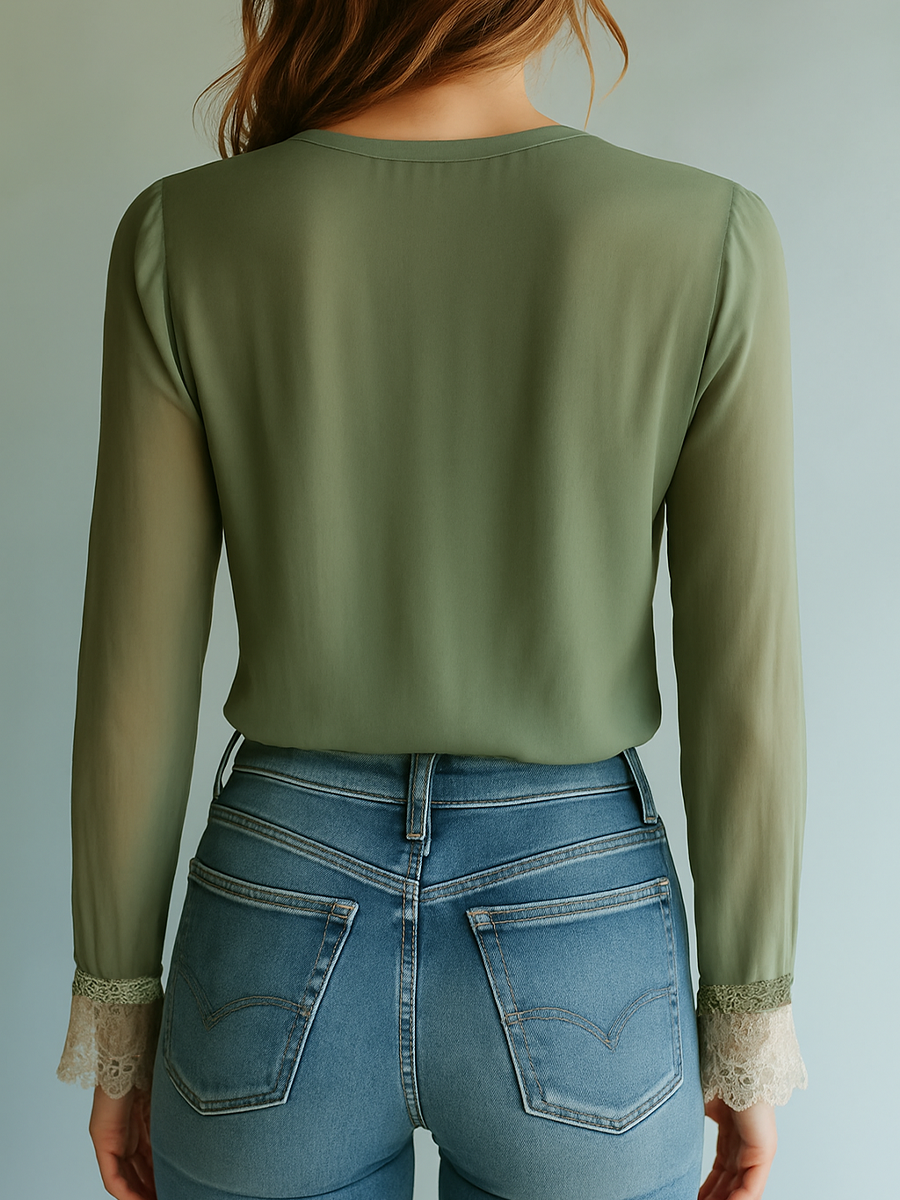 Women's Bohemian Floral Lace Blouse – Sheer Fitted V-Neck Top, XS–3XL