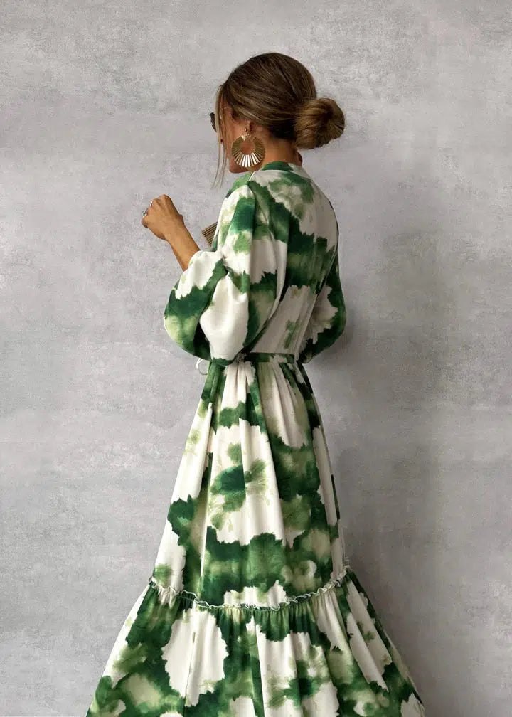 Women's Bohemian Maxi Dress – Flowing Long-Sleeve V-Neck Style