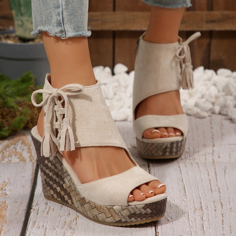Women’s Bohemian Platform Wedge Sandals with Tassel Ties