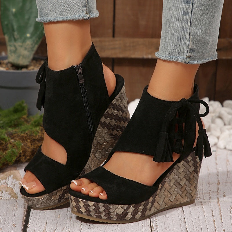 Women’s Bohemian Platform Wedge Sandals with Tassel Ties