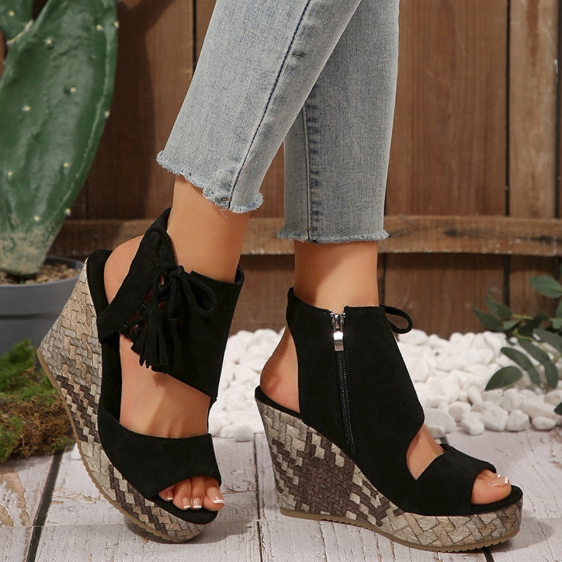 Women’s Bohemian Platform Wedge Sandals with Tassel Ties