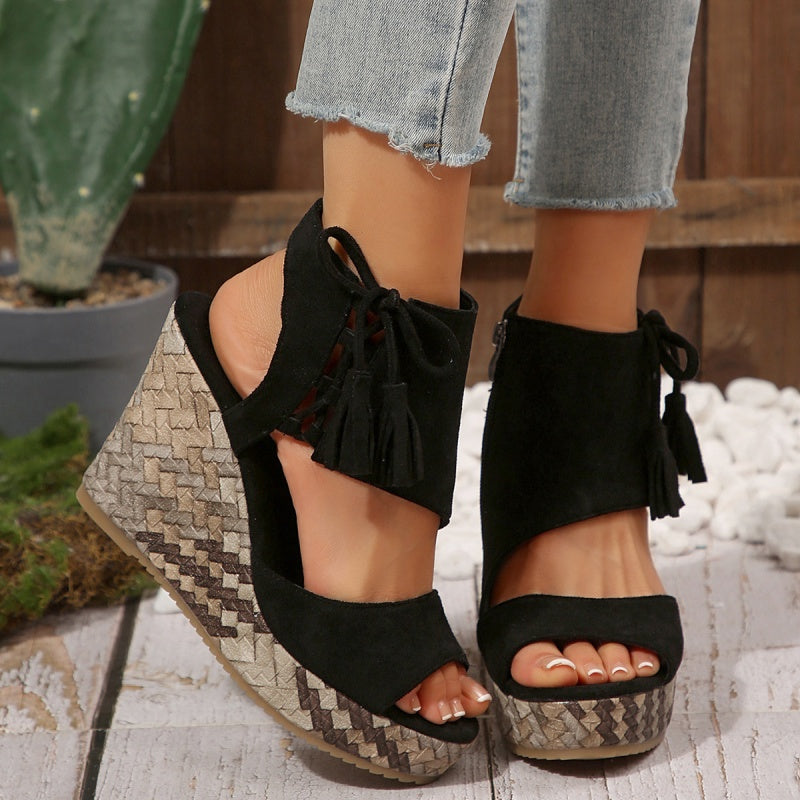Women’s Bohemian Platform Wedge Sandals with Tassel Ties