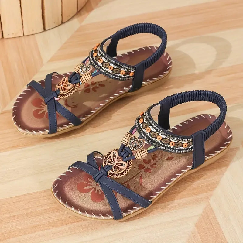 Women’s Bohemian Rhinestone Sandals with Beading and Embroidery