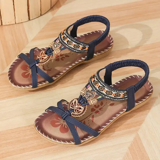 Women’s Bohemian Rhinestone Sandals with Beading and Embroidery