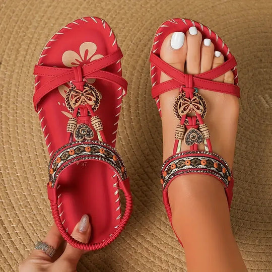 Women’s Bohemian Rhinestone Sandals with Beading and Embroidery