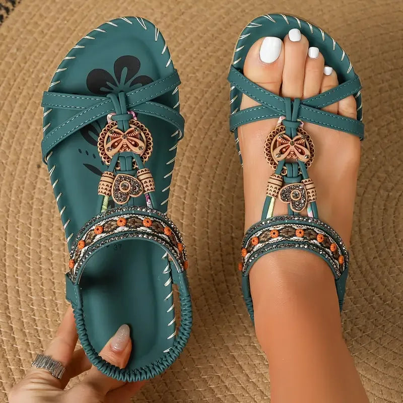 Women’s Bohemian Rhinestone Sandals with Beading and Embroidery