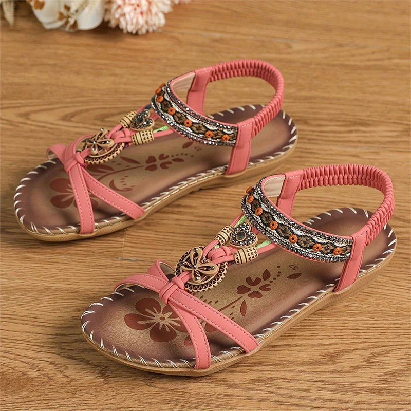 Women’s Bohemian Rhinestone Sandals with Beading and Embroidery