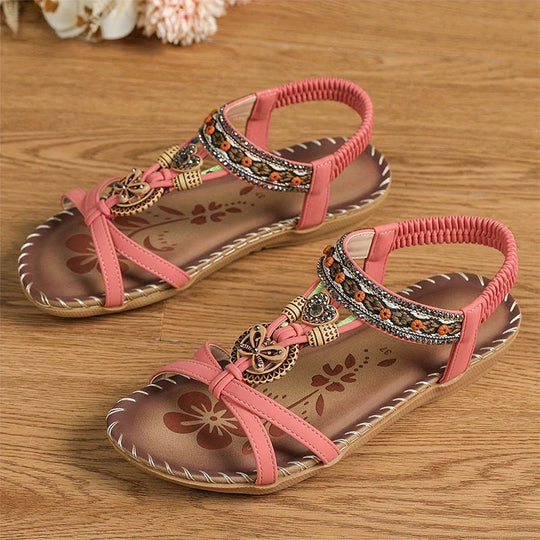 Women’s Bohemian Rhinestone Sandals with Beading and Embroidery