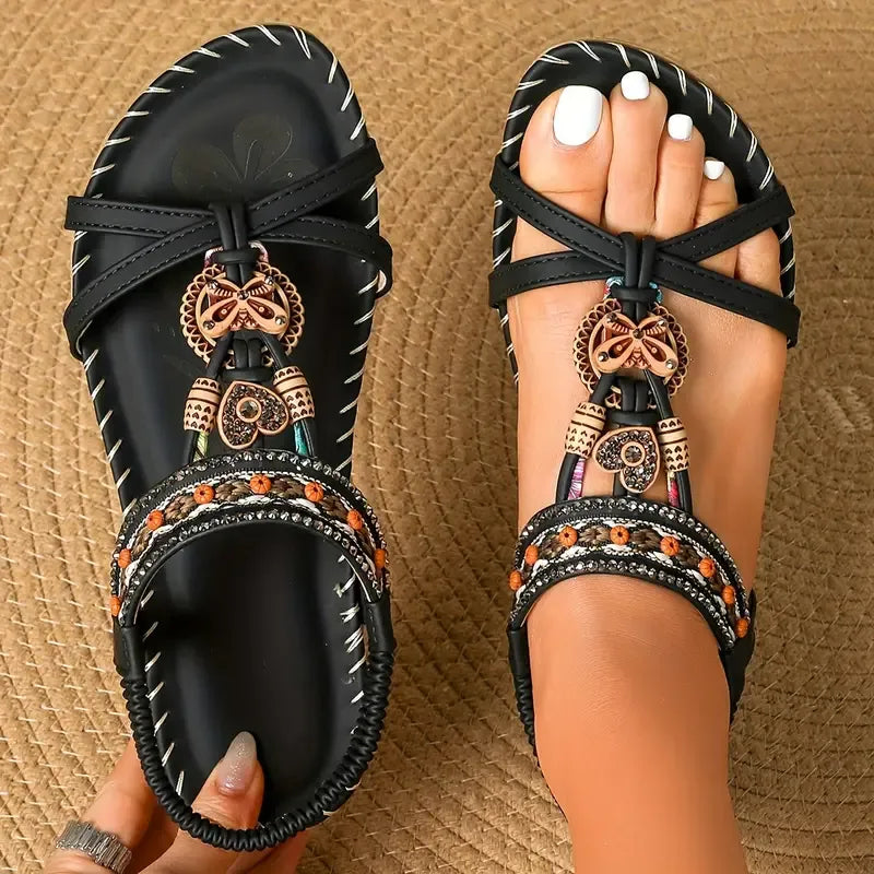 Women’s Bohemian Rhinestone Sandals with Beading and Embroidery