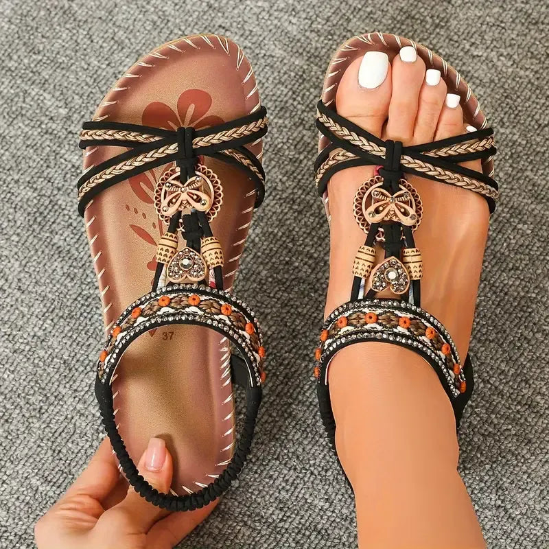 Women’s Bohemian Rhinestone Sandals with Beading and Embroidery