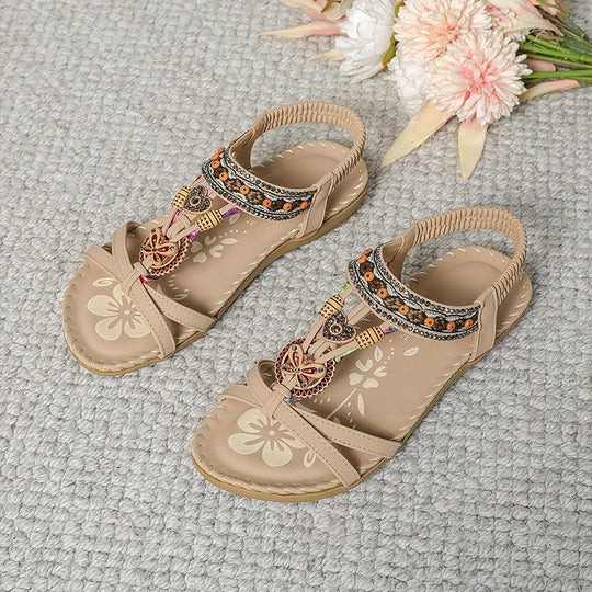 Women’s Bohemian Rhinestone Sandals with Beading and Embroidery