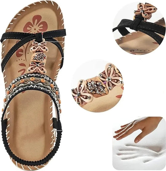 Women’s Bohemian Rhinestone Sandals with Beading and Embroidery