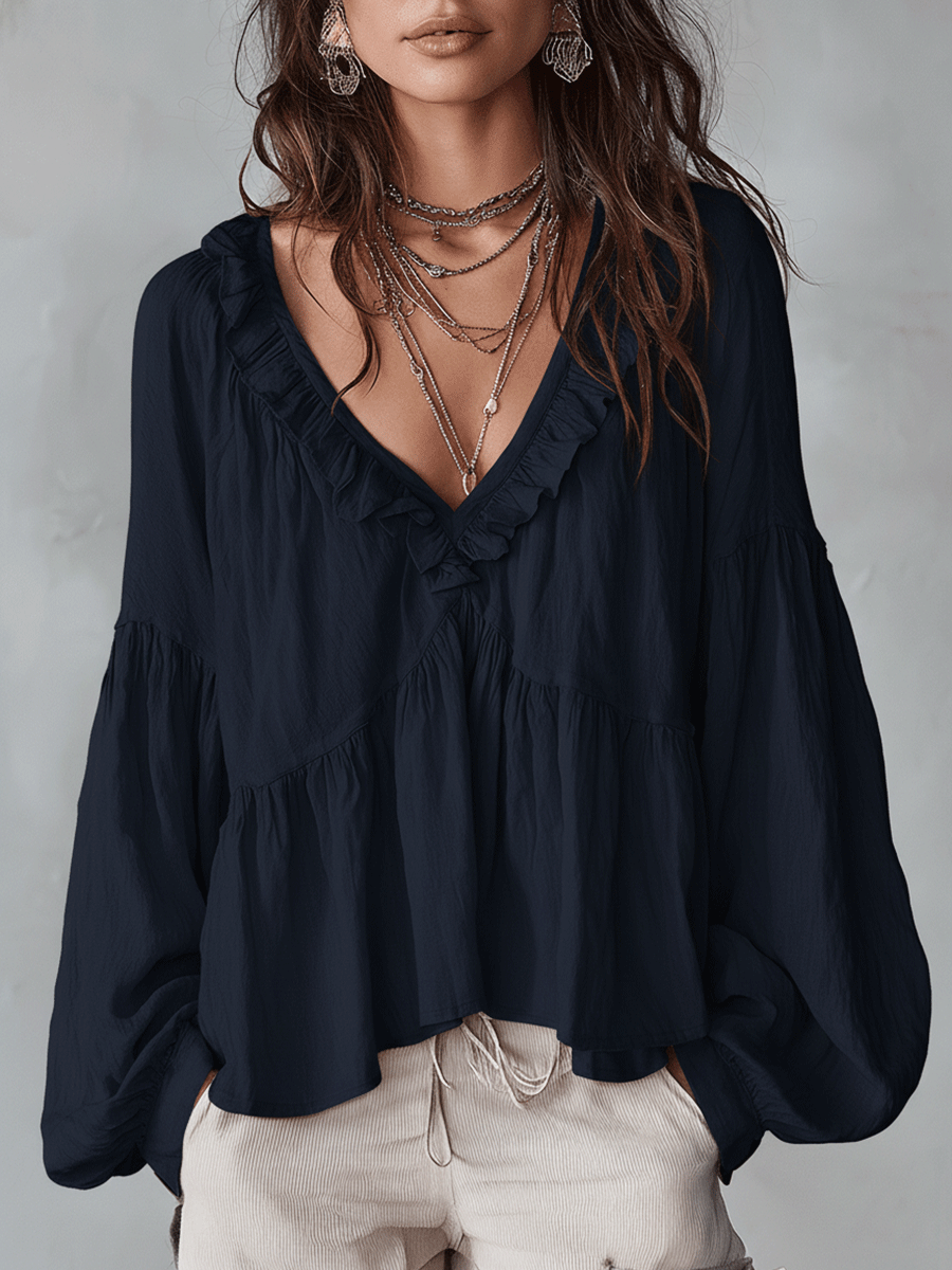 Women's Bohemian Ruffle Blouse with Long Sleeves and Vintage Style