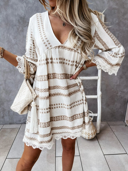 Women’s Bohemian V-Neck Mini Dress with Flared Sleeves
