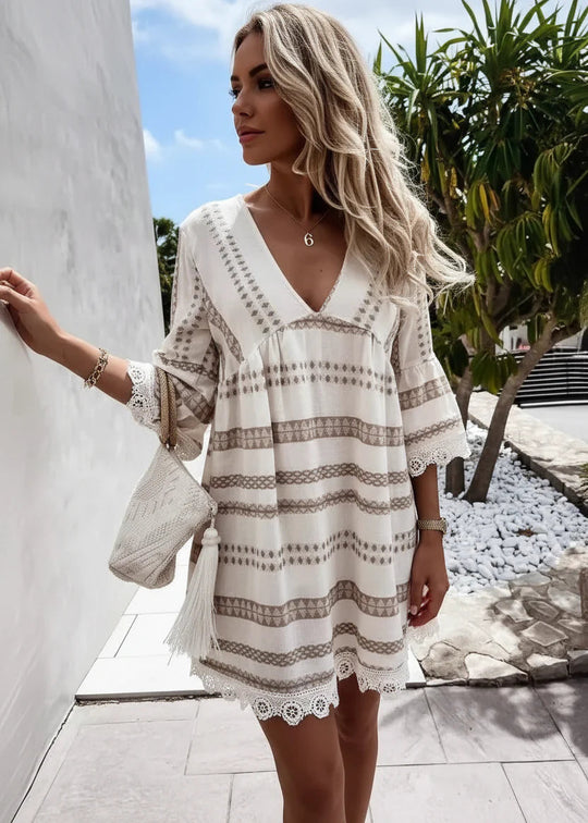 Women’s Bohemian V-Neck Mini Dress with Flared Sleeves