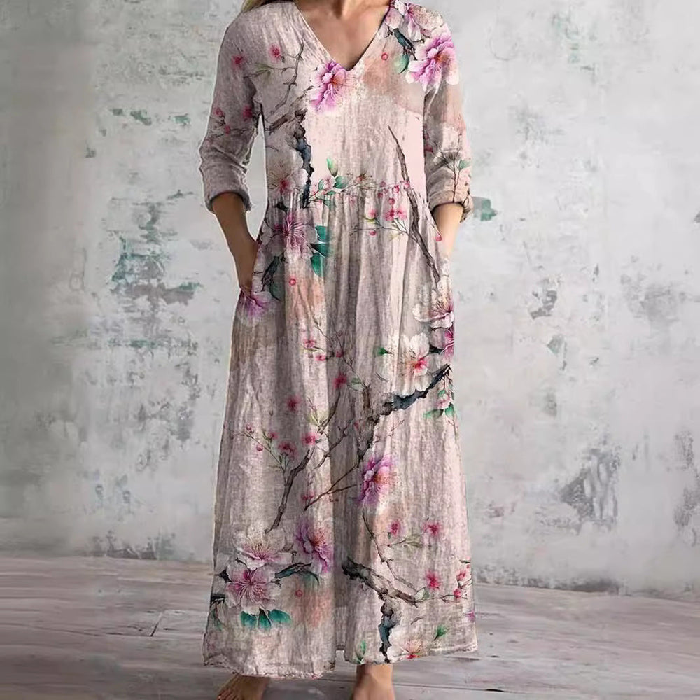 Women's Boho Floral Maxi Dress – Lightweight V-Neck Summer Style